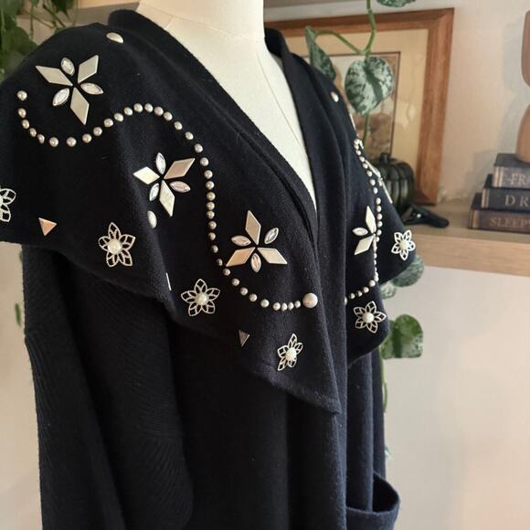 Vintage Embellished Longline Black Cardigan Studded Pearl Heavyweight Lagenlook - Picture 5 of 7